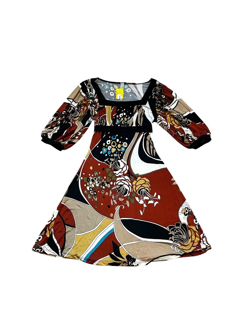 Vintage 90s Kala Empire Waist Mini Dress Tie Back Psychedelic 70s Retro Boho